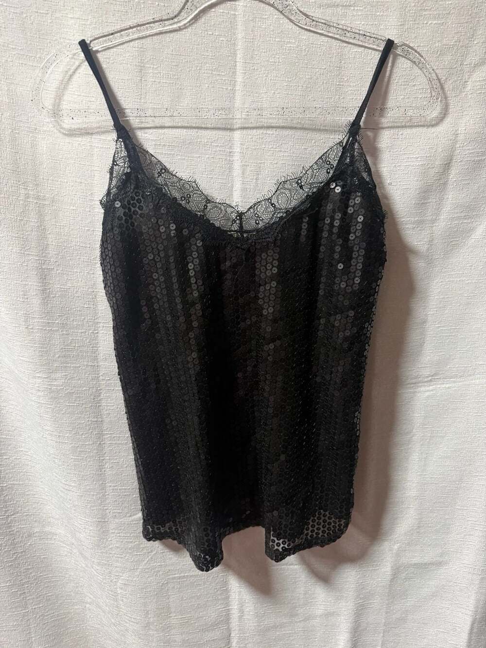 Living Doll Los Angeles Black Sequin Lace Trim Camisole Tank Top